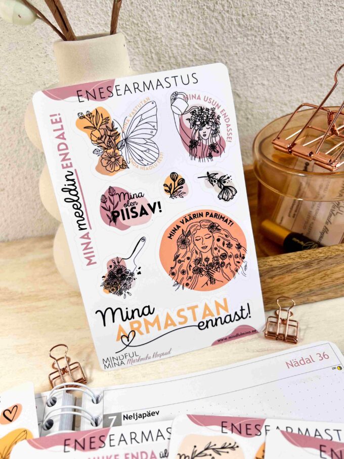 Märkmiku kleepsud, enesearmastuse kleepsud, enesearmastuse kleebised, afirmatsiooni kleebised, afirmatsiooni kleepsud, positiivsed mõtted