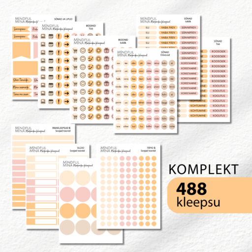 Funktsionaalsed märkmiku kleepsud, ikoonid, täpid, sõnad, raamid