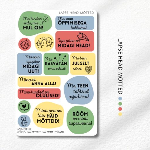 Motiveerivad märkmiku kleepsud lastele, laste head mõtted, stiilsed kirjatarbed, motivatsioon, eneseusk