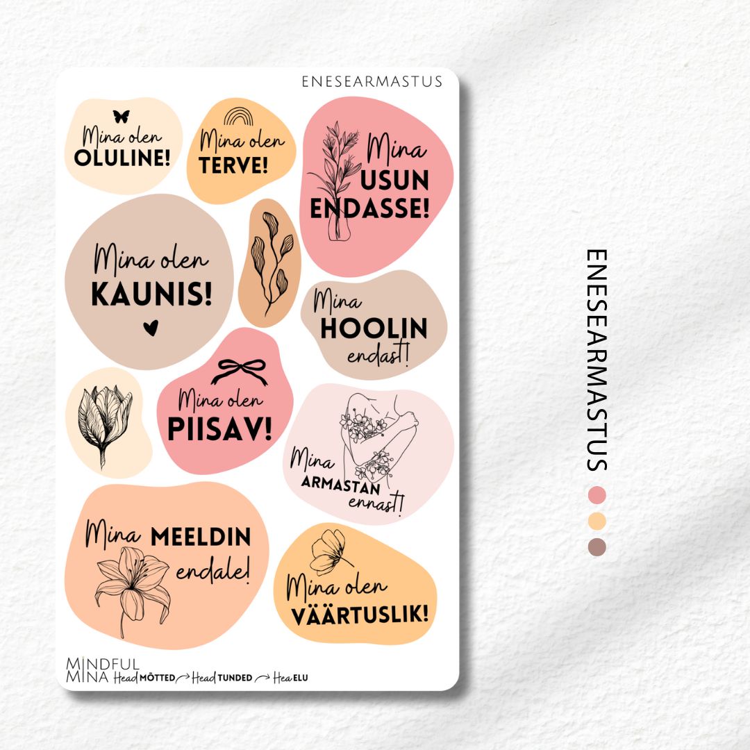 Motiveerivad märkmiku kleepsud, enesearmastuse mõtted, stiilsed kirjatarbed,