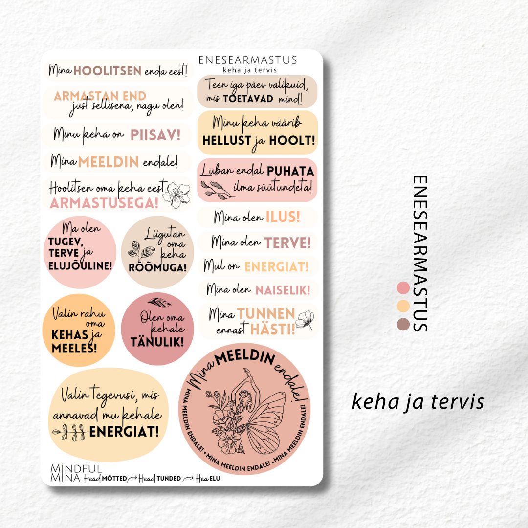 Motiveerivad märkmiku kleepsud, enesearmastuse mõtted, stiilsed kirjatarbed,