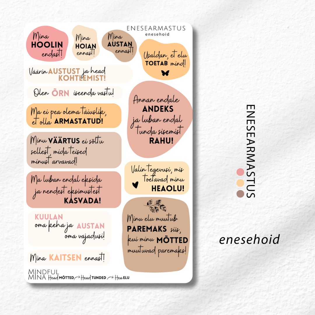 Motiveerivad märkmiku kleepsud, enesearmastuse mõtted, stiilsed kirjatarbed,