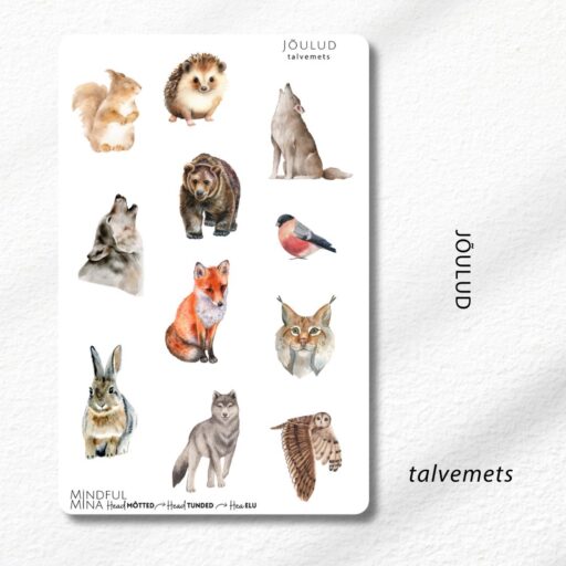 Dekoratiivsed märkmiku kleepsud, talvemets, metsloomad, jõulud, talv