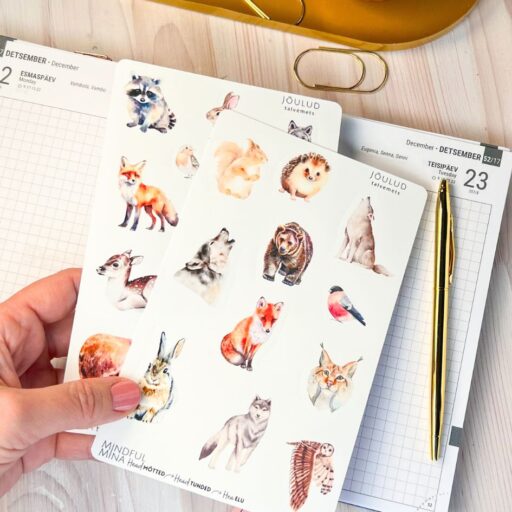 Dekoratiivsed märkmiku kleepsud, talvemets, metsloomad, jõulud, talv