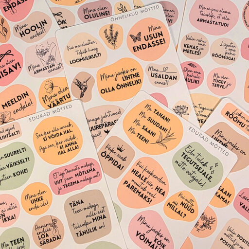 Motiveerivad märkmiku kleepsud, erinevad teemad, enesearmastus, edukad mõtted, õnnelikud mõtted, külluslikud mõtted