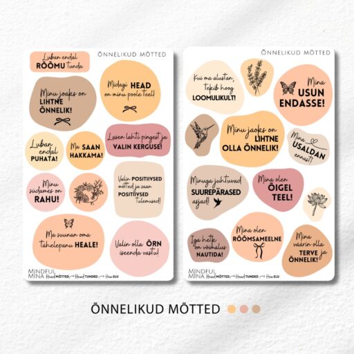 Motiveerivad märkmiku kleepsud, erinevad teemad, enesearmastus, edukad mõtted, õnnelikud mõtted, külluslikud mõtted